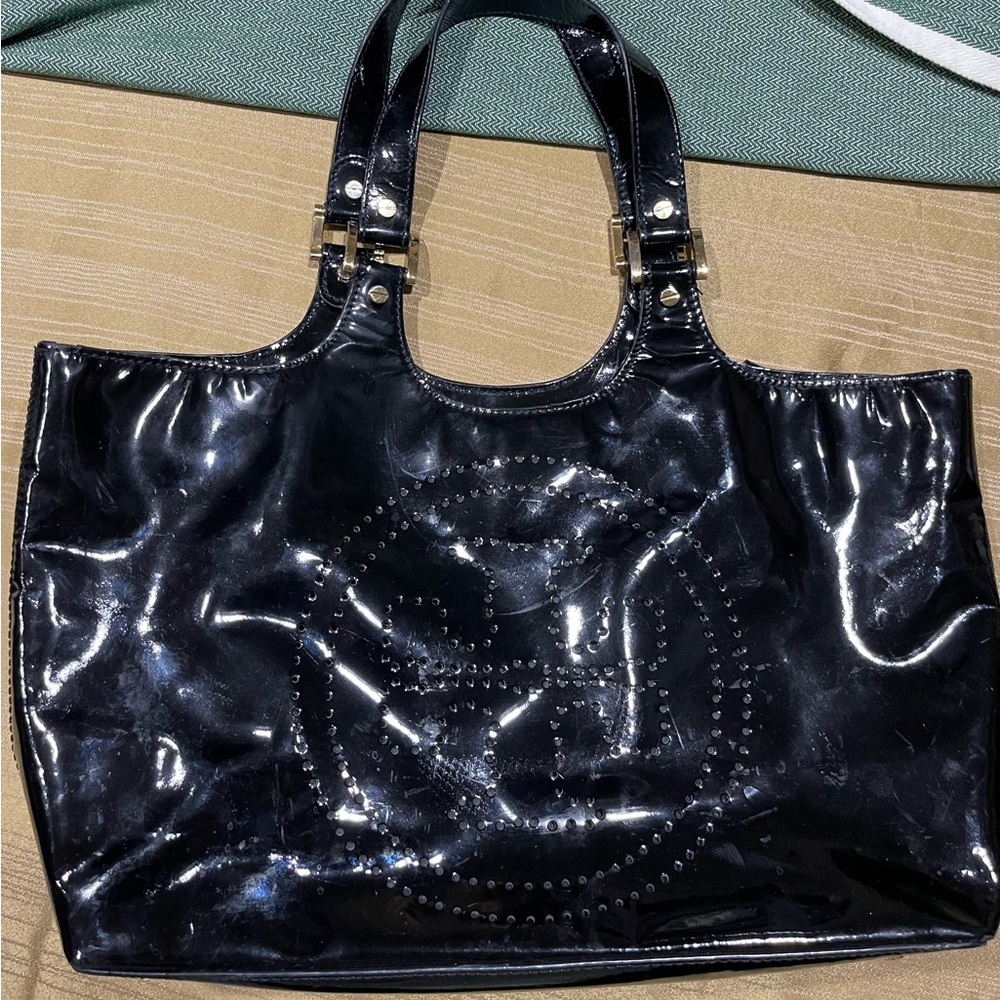 Tory Burch Black Bombe Patent Leather Tote Bag